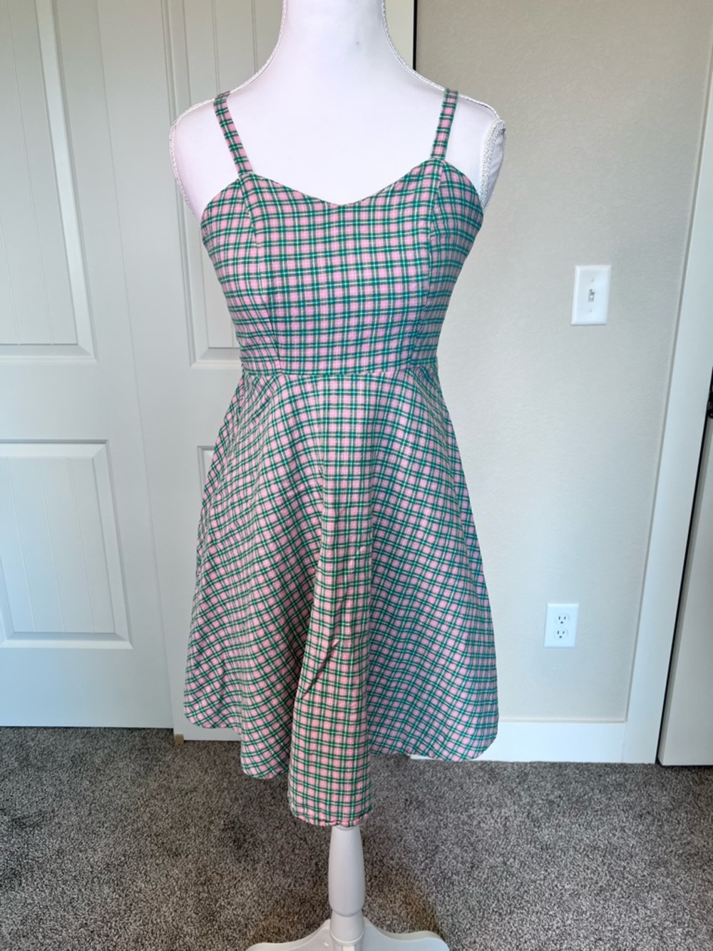 Arizona Jean Company Pink Green Plaid Midi Dress Smocked Back Adjustable Straps